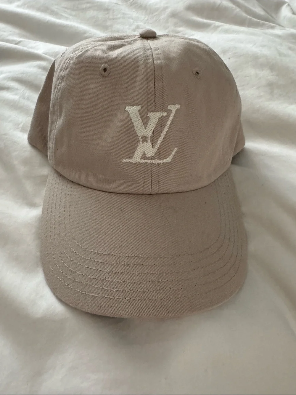Louis Vuitton look alike Taupe Baseball Cap with White LV Embroidery